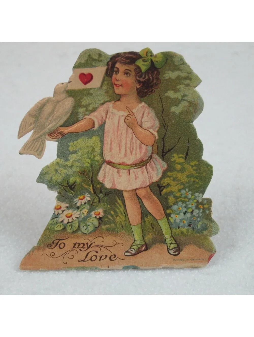 Vintage Valentine Die Cut Stand Up Girl Pink Dress & White Dove 1920-30s Germany